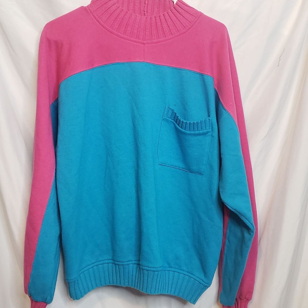 Vintage Colorblock Sweatshirt Teal Pink Ribbed Neck Cuffs Chest Pocket Adult L